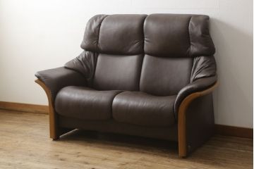 中古　ノルウェー製　EKORNES(エコーネス)　ストレスレス(Stressless)　本革(レザー)　エルドラド　2シーター　ハイバック　くつろぎの時間におすすめの二人掛けソファ(アームソファ、2人掛け、2P、北欧)(定価約68万円)(R-060713)