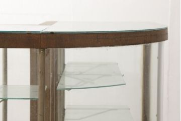 和製アンティーク　ナラ(楢)材　懐かしい雰囲気漂うL型ガラスケース(Gケース、カウンター、ショーケース、曲げガラス、Rガラス、キャビネット、飾り棚、陳列棚、店舗什器)(R-060718)