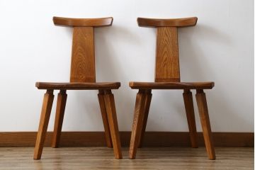中古　美品　岩手県岩泉・純木家具　栓材　摺り漆(すりうるし)　心地よい木の風合いが魅力的なダイニングチェア2脚セット(アームレスチェア、板座チェア、椅子、イス)(定価2脚で約16万円)(R-060823)