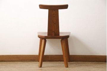 中古　美品　岩手県岩泉・純木家具　栓材　摺り漆(すりうるし)　心地よい木の風合いが魅力的なダイニングチェア(アームレスチェア、板座チェア、椅子、イス)(R-060824)