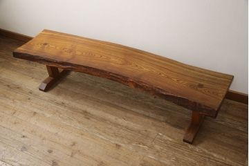 中古　美品　岩手岩泉・純木家具　摺り漆塗り　総欅(ケヤキ)一枚板を贅沢に使用したベンチ(長椅子、椅子、イス、2人掛け、3人掛け)(R-060857)