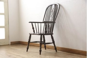 和製ビンテージ　松本民芸家具　#44A型　洋風のクラシカルなデザインが美しいウィンザーチェア(ヴィンテージ、アームチェア、板座チェア、ダイニングチェア、椅子、イス、ウインザーチェア)(定価約18万円)(R-060863)