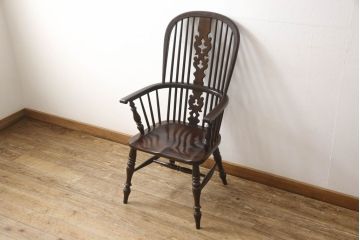 和製ビンテージ　松本民芸家具　#44A型　洋風のクラシカルなデザインが美しいウィンザーチェア(ヴィンテージ、アームチェア、板座チェア、ダイニングチェア、椅子、イス、ウインザーチェア)(定価約18万円)(R-060863)