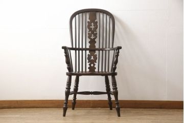 和製ビンテージ　松本民芸家具　#44A型　洋風のクラシカルなデザインが美しいウィンザーチェア(ヴィンテージ、アームチェア、板座チェア、ダイニングチェア、椅子、イス、ウインザーチェア)(定価約18万円)(R-060866)