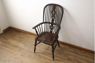 和製ビンテージ　松本民芸家具　#44A型　洋風のクラシカルなデザインが美しいウィンザーチェア(ヴィンテージ、アームチェア、板座チェア、ダイニングチェア、椅子、イス、ウインザーチェア)(定価約18万円)(R-060866)