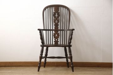 和製ビンテージ　松本民芸家具　#44A型　洋風のクラシカルなデザインが美しいウィンザーチェア(ヴィンテージ、アームチェア、板座チェア、ダイニングチェア、椅子、イス、ウインザーチェア)(定価約18万円)(R-060867)