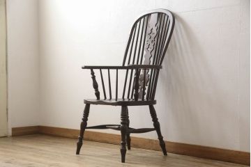 和製ビンテージ　松本民芸家具　#44A型　洋風のクラシカルなデザインが美しいウィンザーチェア(ヴィンテージ、アームチェア、板座チェア、ダイニングチェア、椅子、イス、ウインザーチェア)(定価約18万円)(R-060867)