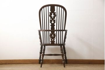 和製ビンテージ　松本民芸家具　#44A型　洋風のクラシカルなデザインが美しいウィンザーチェア(ヴィンテージ、アームチェア、板座チェア、ダイニングチェア、椅子、イス、ウインザーチェア)(定価約18万円)(R-060867)