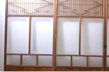アンティーク建具　すりガラス　素通しガラス　ダイヤガラス　組子細工が美しいガラス戸4枚セット(引き戸)(R-060907)
