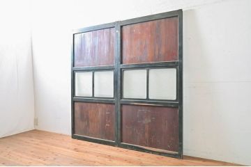 アンティーク建具　ダイヤガラス　和の雰囲気漂うガラス帯戸2枚セット(引き戸、ガラス戸、板戸)(R-060908)