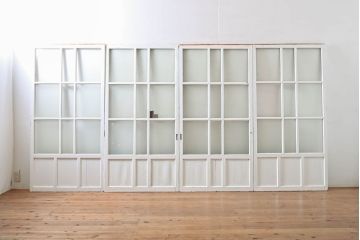 アンティーク建具　すりガラス　素通しガラス　ダイヤガラス　シンプルなデザインがお部屋に取り入れやすいガラス戸4枚セット(引き戸)(R-060951)