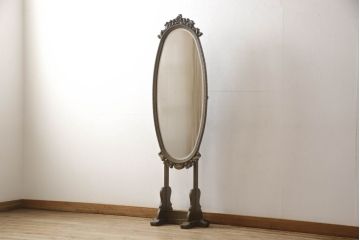 中古　美品　伊藤家具　神戸洋家具　可憐な小花の彫刻デザインが上品なスタンドミラー(姿見、鏡)(R-060998)