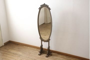 中古　美品　伊藤家具　神戸洋家具　可憐な小花の彫刻デザインが上品なスタンドミラー(姿見、鏡)(R-060998)