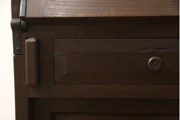 和製ビンテージ　吉田璋也(よしだしょうや)デザイン　三方欅(ケヤキ)材　和洋どちらのお部屋にも馴染むデザインが魅力的なライティングビューロー(ヴィンテージ、ワークデスク、在宅用、在宅ワーク用、座机、文机)(R-061027)