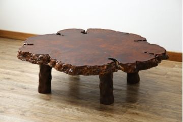 中古　美品　銘木　楓(カエデ)の輪切り　瘤材　鳥眼杢(バーズアイ)　木の風合いを活かした高級座卓(ローテーブル、センターテーブル、リビングテーブル)(定価約50万円)(R-061036)