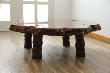 中古　美品　銘木　楓(カエデ)の輪切り　瘤材　鳥眼杢(バーズアイ)　木の風合いを活かした高級座卓(ローテーブル、センターテーブル、リビングテーブル)(定価約50万円)(R-061036)