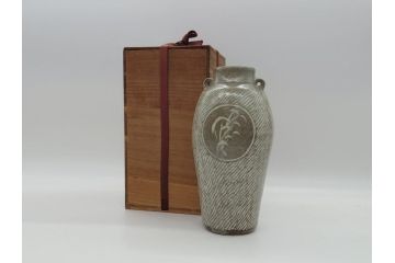 人間国宝　島岡達三　地釉象嵌縄文壺(共箱付き、壷、花瓶、花器)(R-061052)