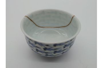 平安春峰造　松月庵　染付　めだか図　煎茶碗　茶碗6客セット(共箱付き、煎茶器、めだか紋、めだか群、湯呑み、茶器、和食器)(R-061055)