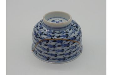 平安春峰造　松月庵　染付　めだか図　煎茶碗　茶碗6客セット(共箱付き、煎茶器、めだか紋、めだか群、湯呑み、茶器、和食器)(R-061055)