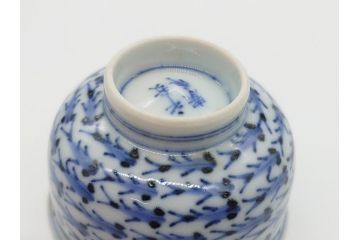平安春峰造　松月庵　染付　めだか図　煎茶碗　茶碗6客セット(共箱付き、煎茶器、めだか紋、めだか群、湯呑み、茶器、和食器)(R-061055)