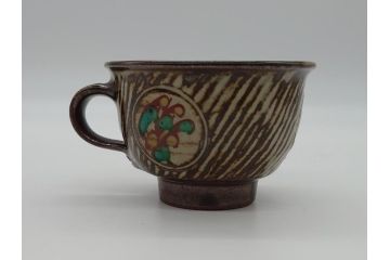人間国宝　島岡達三　益子焼　象嵌赤絵　草花文カップ&ソーサー2客(共箱無し、コーヒーカップ、民芸陶器)(R-061094)