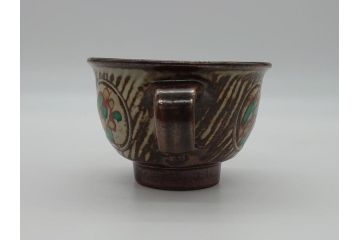 人間国宝　島岡達三　益子焼　象嵌赤絵　草花文カップ&ソーサー2客(共箱無し、コーヒーカップ、民芸陶器)(R-061094)