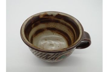 人間国宝　島岡達三　益子焼　象嵌赤絵　草花文カップ&ソーサー2客(共箱無し、コーヒーカップ、民芸陶器)(R-061094)