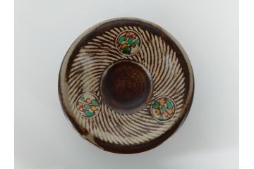 人間国宝　島岡達三　益子焼　象嵌赤絵　草花文カップ&ソーサー2客(共箱無し、コーヒーカップ、民芸陶器)(R-061094)