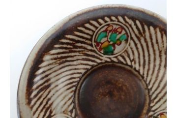 人間国宝　島岡達三　益子焼　象嵌赤絵　草花文カップ&ソーサー2客(共箱無し、コーヒーカップ、民芸陶器)(R-061094)