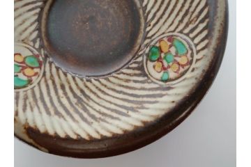 人間国宝　島岡達三　益子焼　象嵌赤絵　草花文カップ&ソーサー2客(共箱無し、コーヒーカップ、民芸陶器)(R-061094)
