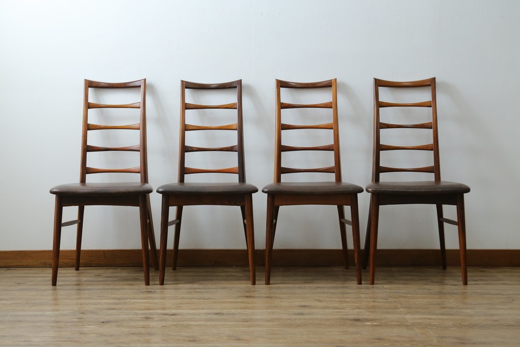 デンマークビンテージ　ニールス・コフォード(Niels Koefoed)　リス(Lis)　ローズウッド　くびれた背貫が素敵なラダーバックチェア4脚セット　(R-061121)
