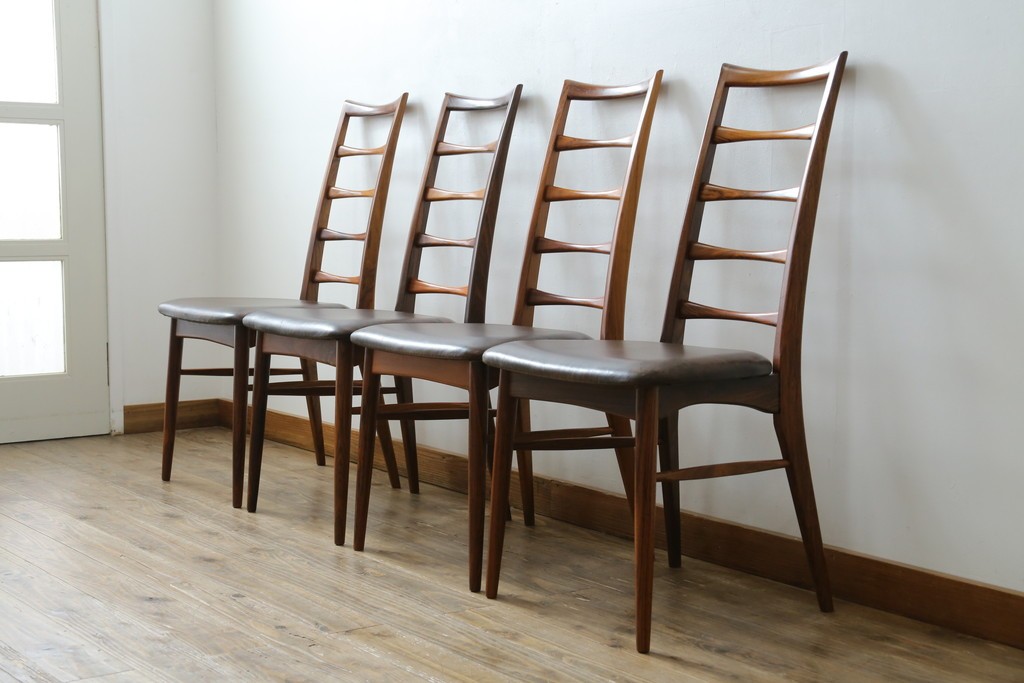 デンマークビンテージ　ニールス・コフォード(Niels Koefoed)　リス(Lis)　ローズウッド　くびれた背貫が素敵なラダーバックチェア4脚セット　(R-061121)