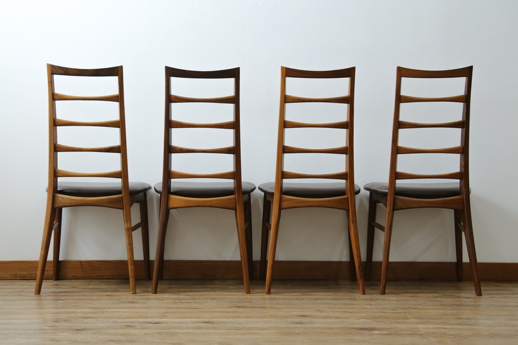 デンマークビンテージ　ニールス・コフォード(Niels Koefoed)　リス(Lis)　ローズウッド　くびれた背貫が素敵なラダーバックチェア4脚セット　(R-061121)