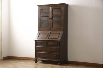 中古　松本民芸家具　落ち着いた色合いが和モダンな雰囲気を醸し出す重H型ビューローブックケース(本箱、キャビネット、ワークデスク、ライティングビューロー、ボールフットビューロー、在宅ワーク、在宅用)(R-061184)
