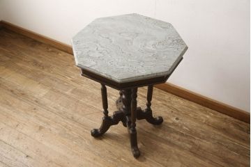 イギリスビンテージ　天板大理石　マホガニー材　八角形の天板がおしゃれなサイドテーブル(カフェテーブル、コーヒーテーブル、ヴィンテージ)(R-061250)