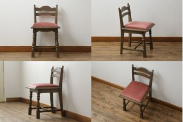 中古　神戸洋家具　神戸・トアロード　伊藤家具店　職人技が光る!細やかな彫りの装飾が目を引くドレッサー&チェアセット(鏡台、サイドチェスト、ミラー、椅子)(R-061259)