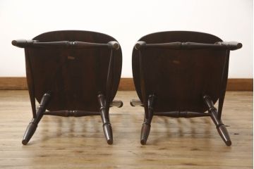 ビンテージ　北海道民芸家具　クラシカルな雰囲気を醸し出すダイニングチェア2脚セット(ヴィンテージ、椅子、板座チェア)(R-061277)