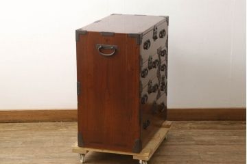 和製アンティーク　超美品　上手物　前面総欅(ケヤキ)玉杢　上品な厚手金具の高級庄内小箪笥(庄内箪笥、時代箪笥、収納箪笥、整理箪笥、引き出し)(R-061330)