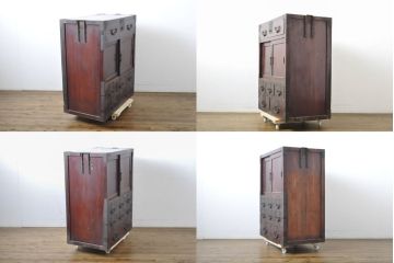 和製アンティーク　激レア　希少!!　特注　前面欅(ケヤキ)材　二本松帳場箪笥　古い豪商の合わせ一間(二本松箪笥、和箪笥、時代箪笥、収納たんす、引き出し、戸棚、収納棚)(R-061392)