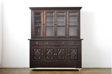 中古　松本民芸家具　クラシカルな雰囲気のダイヤカット型飾り棚(キャビネット、戸棚、食器棚、カップボード、収納棚、上下バラ売り可能)(定価推定約135万円)(R-061400)