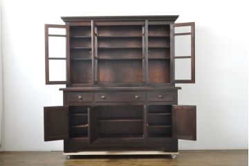 中古　松本民芸家具　クラシカルな雰囲気のダイヤカット型飾り棚(キャビネット、戸棚、食器棚、カップボード、収納棚、上下バラ売り可能)(定価推定約135万円)(R-061400)