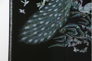 中古　美品　ラデン細工　孔雀の美しい翼が描かれた折り畳み衝立て(つい立て、パーテーション、折りたたみ)(R-061418)