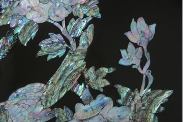 中古　美品　ラデン細工　孔雀の美しい翼が描かれた折り畳み衝立て(つい立て、パーテーション、折りたたみ)(R-061418)