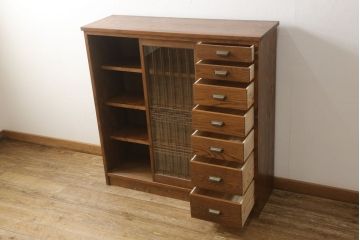 ラフジュ工房オリジナル　古建具リメイク　引き出し7杯付きの和モダンな収納棚(戸棚、キャビネット、飾り棚)(R-061420)