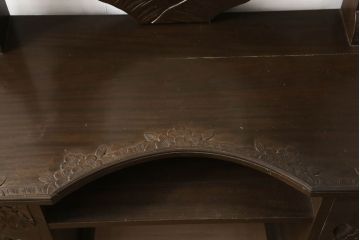 和製ビンテージ　日光彫り　楠木(クスノキ)材　「現代の名工」　卓越技能者　石田英吉作　贅沢にあしらわれた桜の花が美しいドレッサー+チェアセット(鏡台、ミラー、椅子、ヴィンテージ)(R-061430)