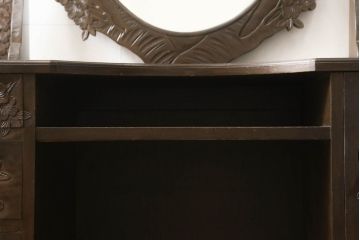和製ビンテージ　日光彫り　楠木(クスノキ)材　「現代の名工」　卓越技能者　石田英吉作　贅沢にあしらわれた桜の花が美しいドレッサー+チェアセット(鏡台、ミラー、椅子、ヴィンテージ)(R-061430)