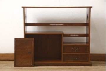 中古　美品　江戸指物　桑材　シンプルながら凝った造りが魅力の飾り棚(茶棚、茶箪笥、違い棚、戸棚、収納棚)(R-061588)