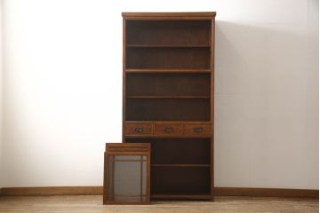 中古　超美品　希少サイズ　ニレ材　3尺薄型　すっきりとした佇まいが上品な水屋箪笥(食器棚、戸棚、収納棚、キャビネット)(R-061601)