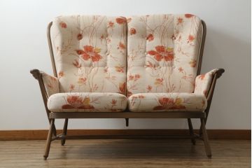イギリスビンテージ　超美品　ERCOL(アーコール)　エバーグリーン　曲げ木のフレームが目を惹くハイバック2人掛けソファ(アームソファ、ラブソファ、二人掛け、ヴィンテージ、英国、北欧)(R-061602)