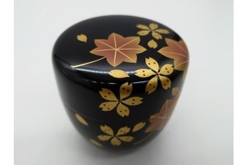輪島塗　蒔絵　春秋　桜と紅葉の共演美が目を引く棗(共箱付き、金地、茶器、漆器、漆工芸)(R-061653)